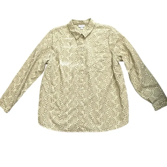 J. Jill Size L Olive Green Floral Embroidered Button-Up Blouse Boho Cotton Top - Picture 5 of 9